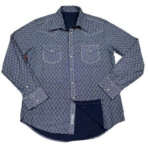Panhandle Westmoor Western Pearl Snap Shirt Navy Diamond Blue White Mens Sz M